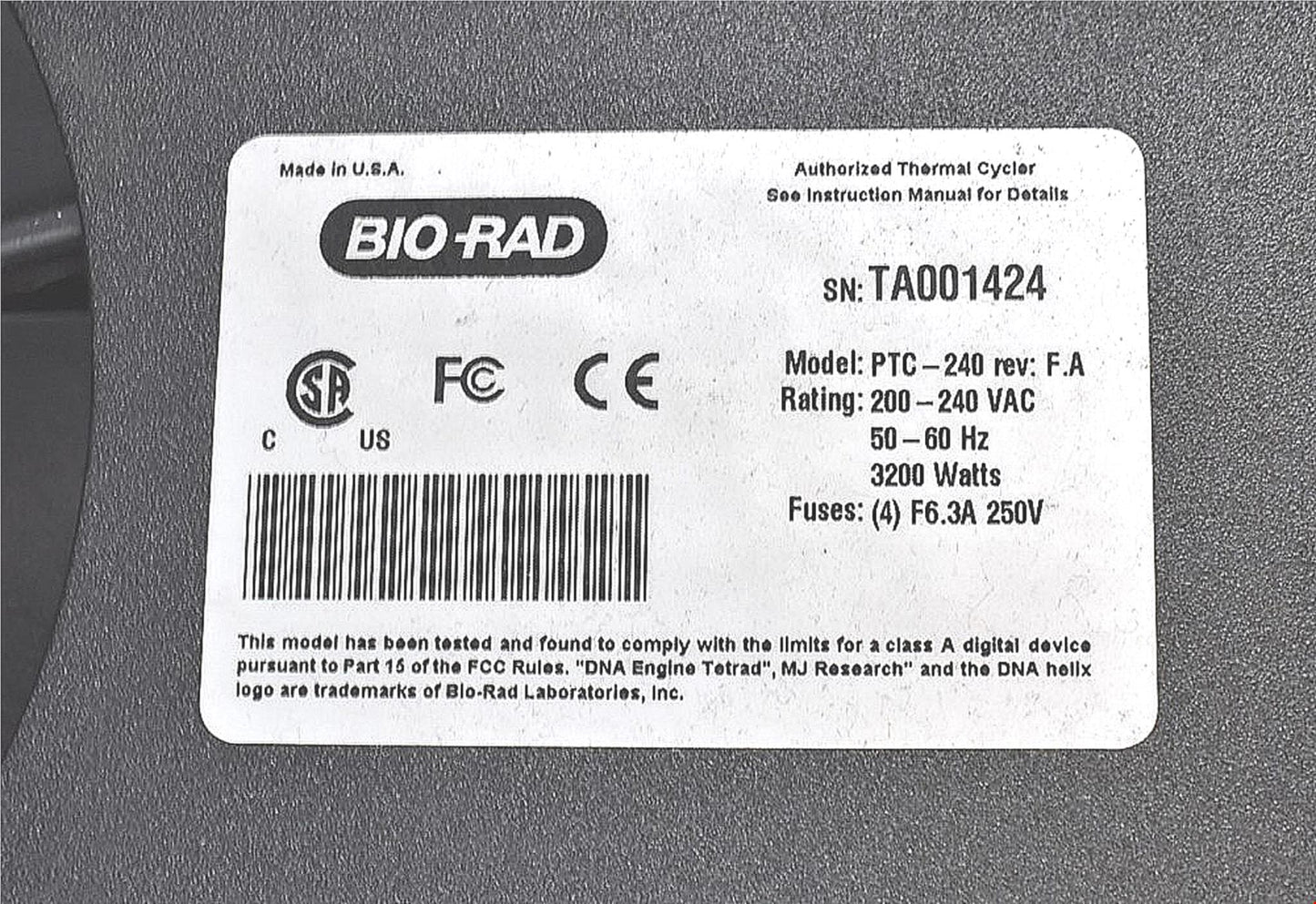 FOR PARTS PTC240 BIORAD TETRAD-2 PELTIER PROGRAMMABLE THERMAL CYCLER WELL HOT