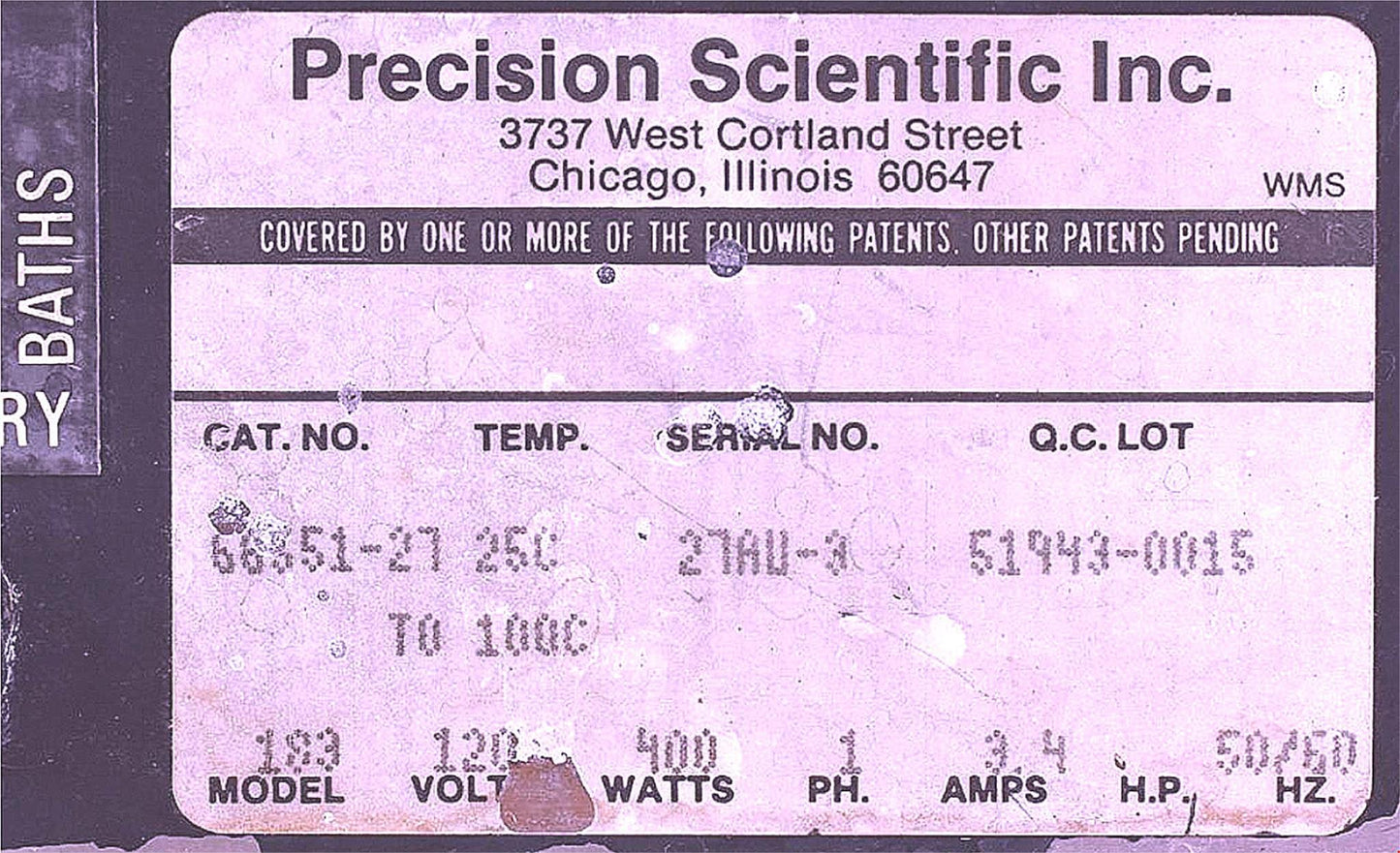 PRECISION SCIENTIFIC 183 HEATED WATER BATH CATEGORY 66551-27 / 90-DAY-WARRANTY