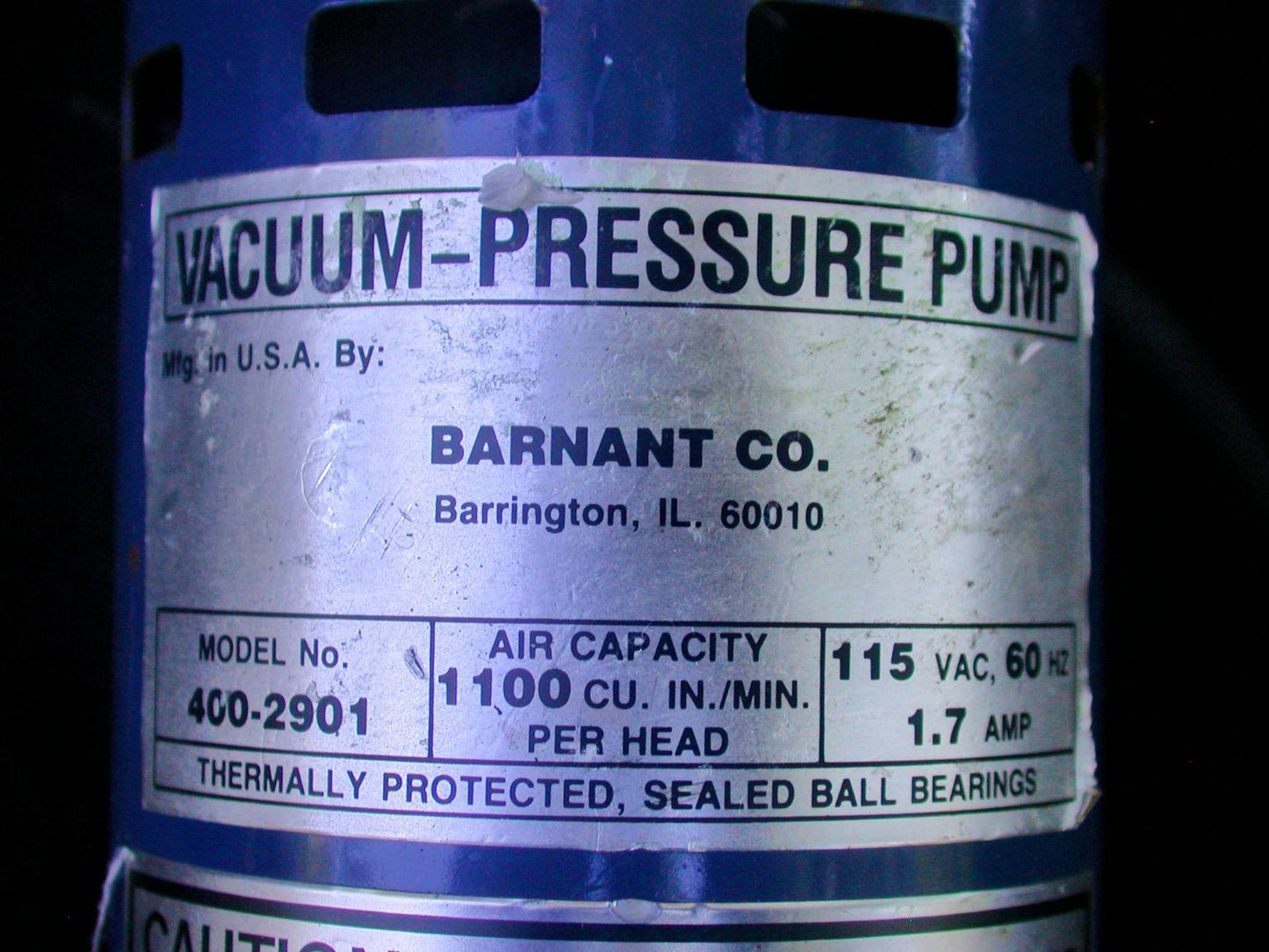 BARNANT  AIR CADET VACUUM PRESSURE PUMP MODEL 400-2901 115VAC 60HZ