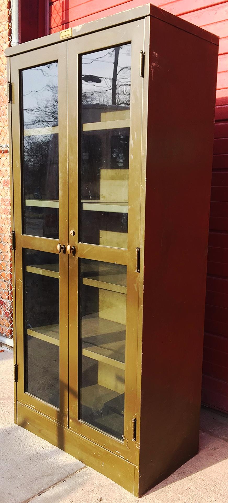 RARE VINTAGE METAL BOOKSHELF BOOKCASE with TWO GLASS DOORS Lock no Key FREESHIP