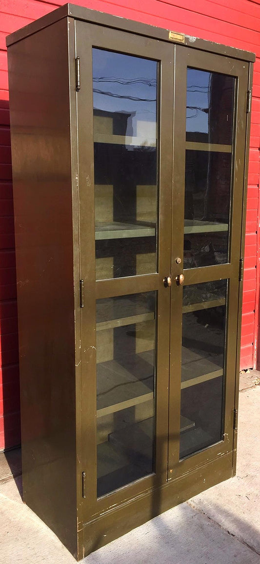 RARE VINTAGE METAL BOOKSHELF BOOKCASE with TWO GLASS DOORS Lock no Key FREESHIP