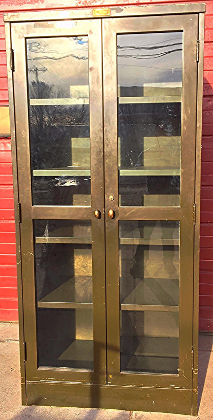 RARE VINTAGE METAL BOOKSHELF BOOKCASE with TWO GLASS DOORS Lock no Key FREESHIP