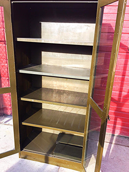 RARE VINTAGE METAL BOOKSHELF BOOKCASE with TWO GLASS DOORS Lock no Key FREESHIP