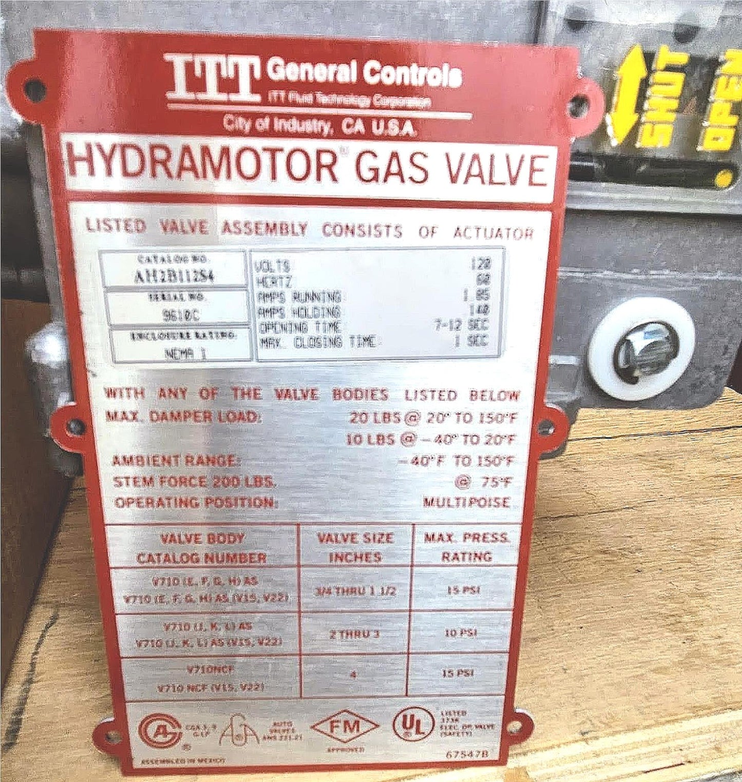 90DAYWARRANTY ITT ASCO AH2B112S4 HYDRAMOTOR GAS VALVE DAMPER SHAFT ARM FREE SHIP