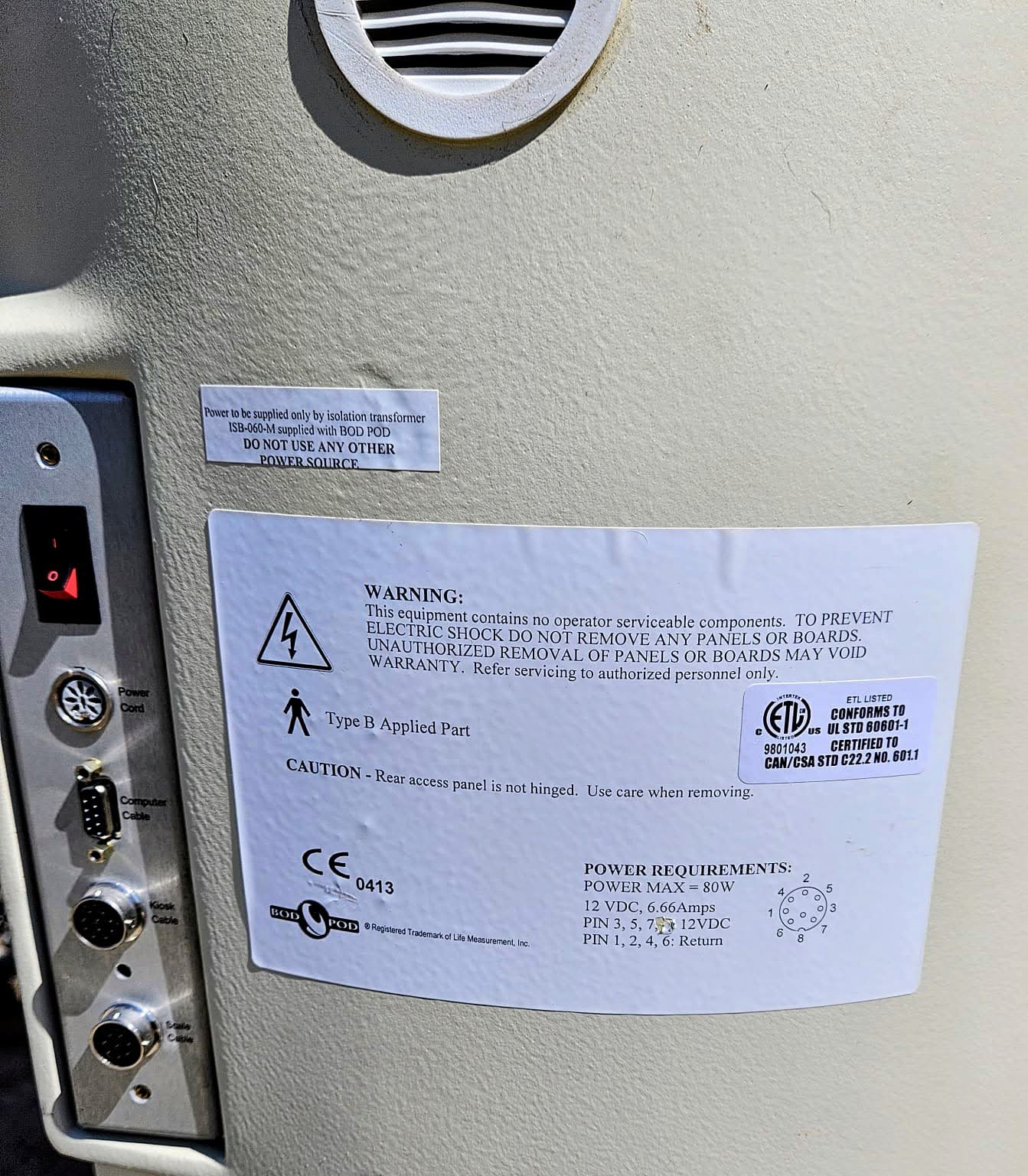 LIFE MEASUREMENT BIOLECTRIC COSMED BOD POD® 2007A PLETHYSMOGRAPH 90-DAY-WARRANTY