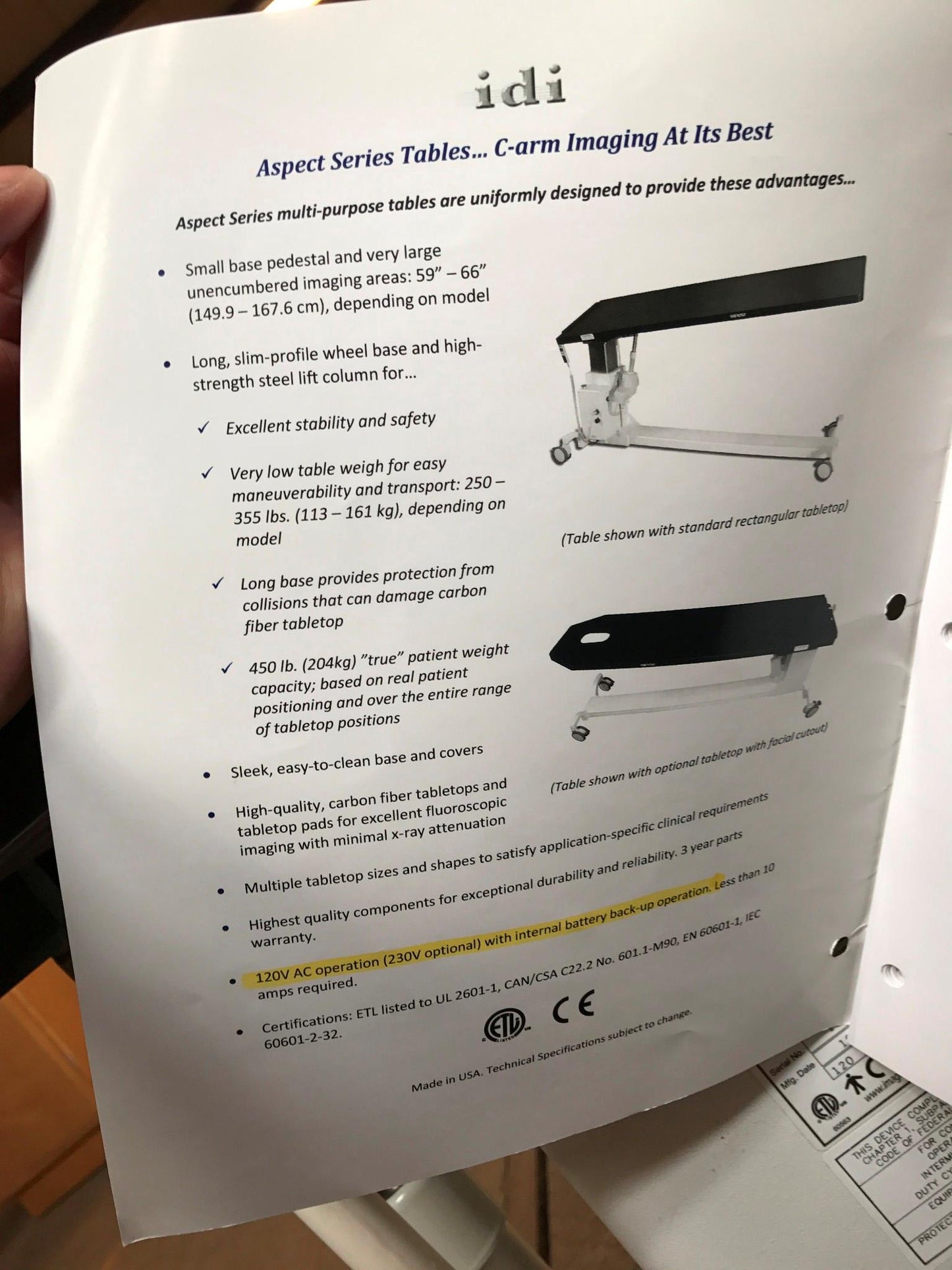 IDI ASPECT 100RT X-Ray CArm HI-LO IMAGING EXAM TABLE FOOT HAND REMOTE WATCHVIDEO