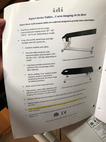 IDI ASPECT 100RT X-Ray CArm HI-LO IMAGING EXAM TABLE FOOT HAND REMOTE WATCHVIDEO