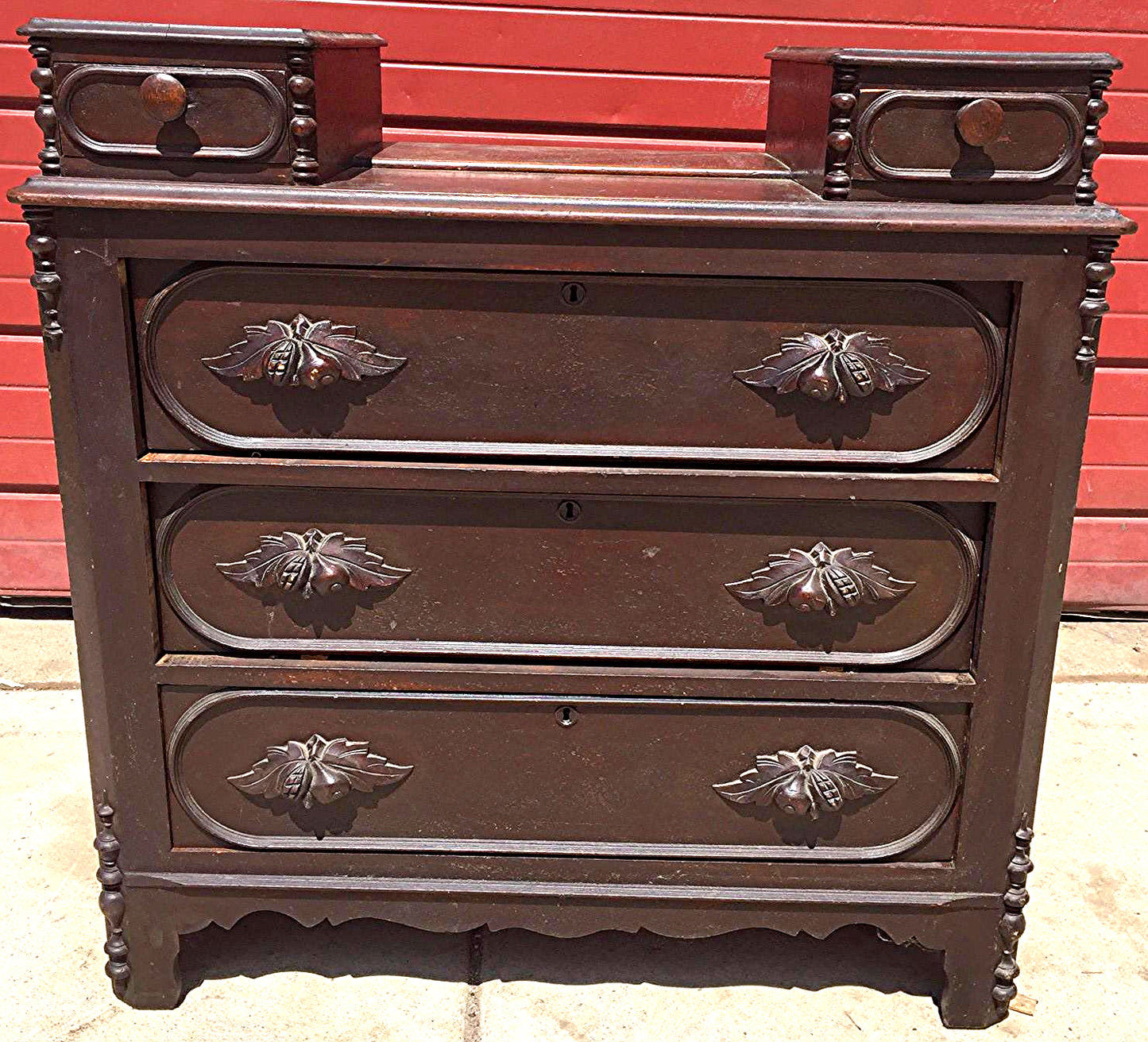 1900s VINTAGE OAK MAHOGANY CHEST OF 5 DRAWERS 38"x38" x 17" ENGRAVING  FREESHIP