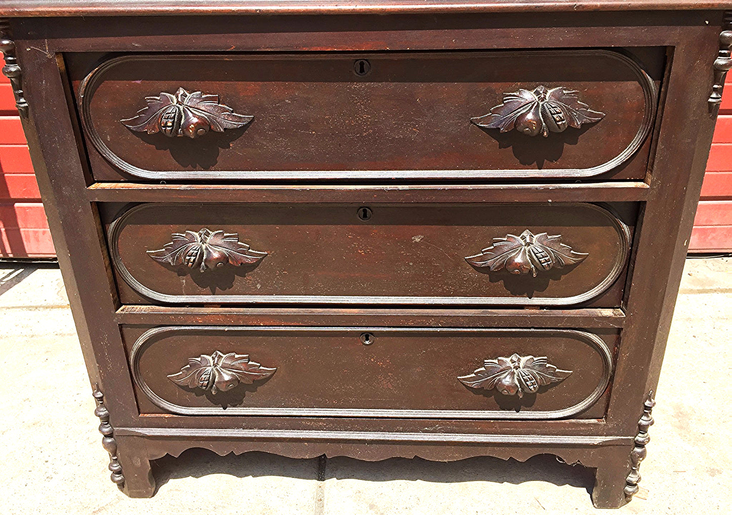 1900s VINTAGE OAK MAHOGANY CHEST OF 5 DRAWERS 38"x38" x 17" ENGRAVING  FREESHIP