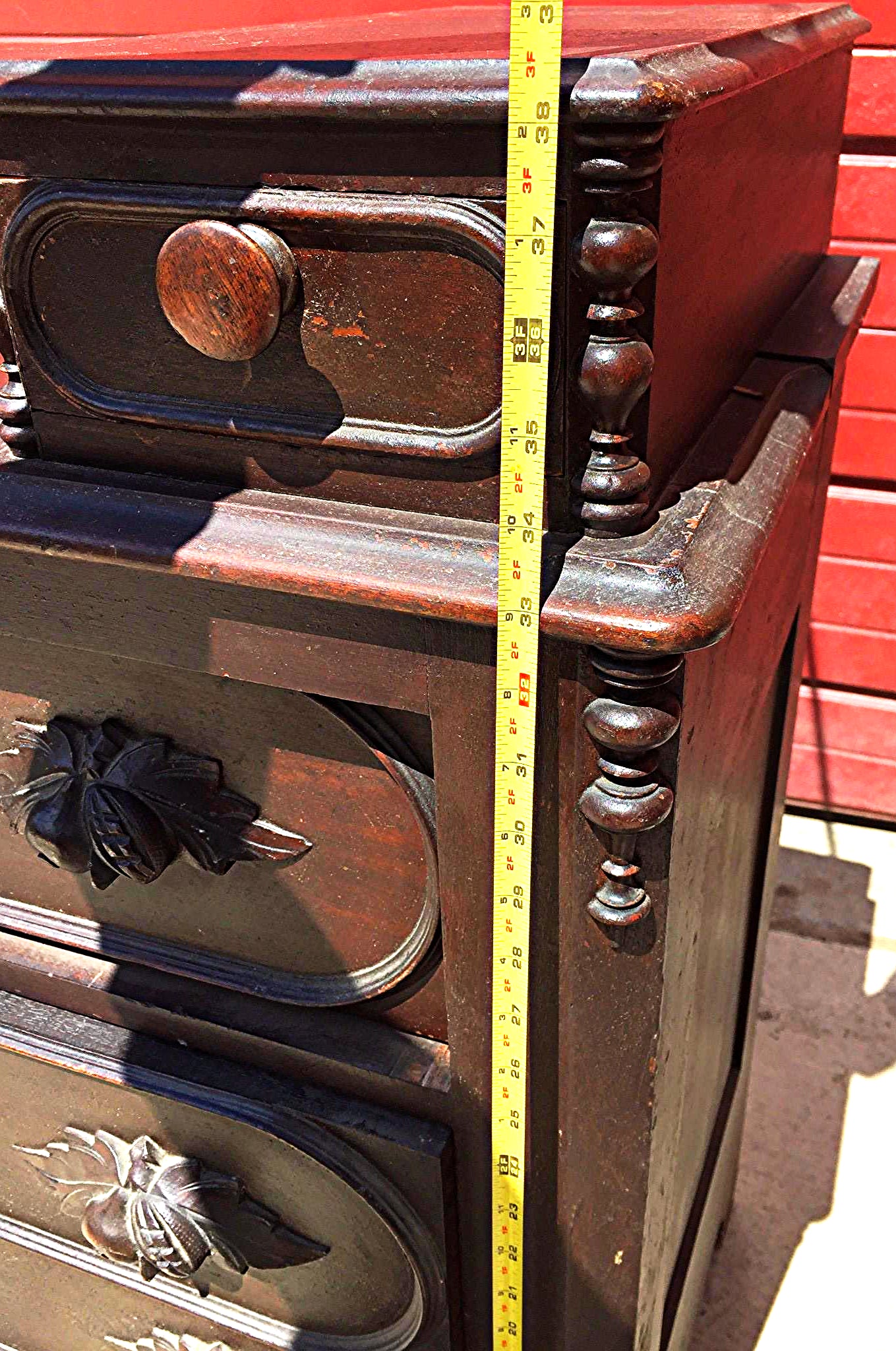 1900s VINTAGE OAK MAHOGANY CHEST OF 5 DRAWERS 38"x38" x 17" ENGRAVING  FREESHIP