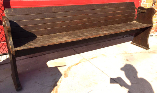 RARE ANTIQUE WOOD LIBRARY REVERSIBLE BENCH METAL FLIP BACK 8.5'ft 1900s FREESHIP