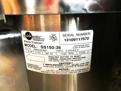 INSINKERATOR SS-150-36 1.5HP Commercial Garbage Disposal IN SINK ERATOR FREESHIP