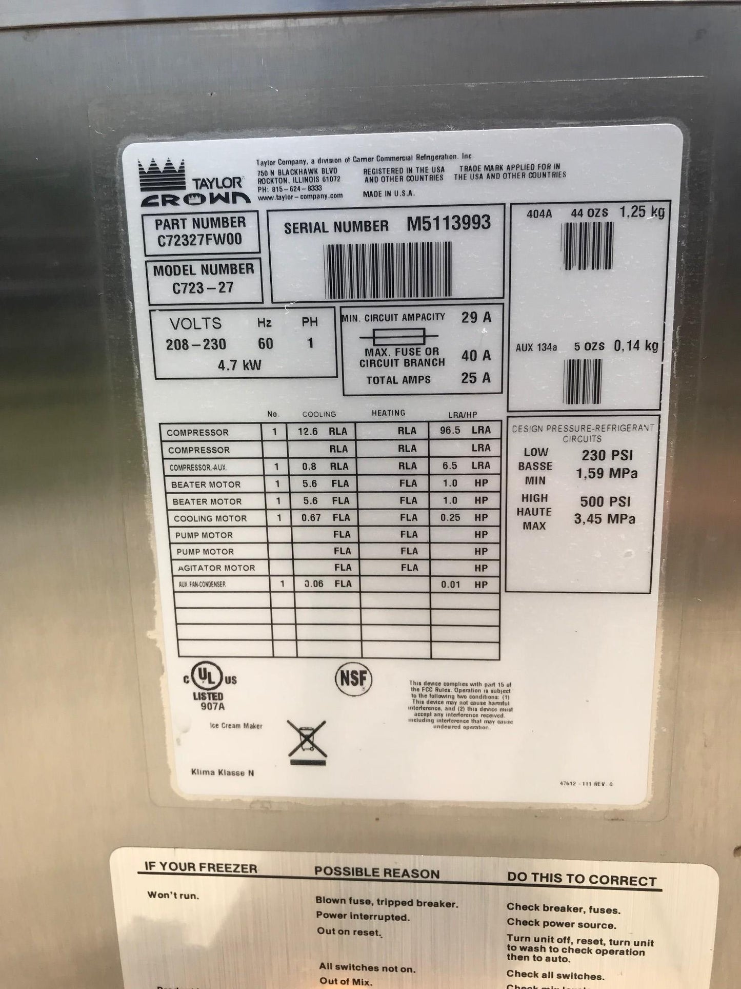 TAYLOR C723-27 FROZEN YOGURT SOFT SERVE ICE CREAM MACHINE & Manual FREE SHIPPING