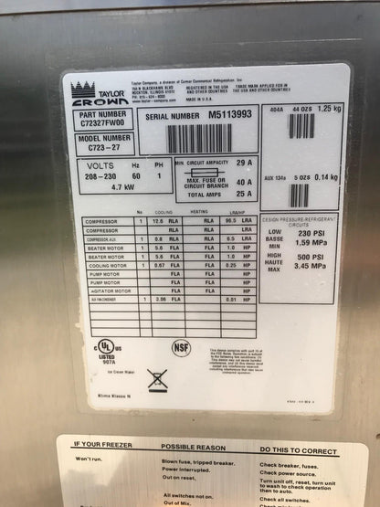 TAYLOR C723-27 FROZEN YOGURT SOFT SERVE ICE CREAM MACHINE & Manual FREE SHIPPING