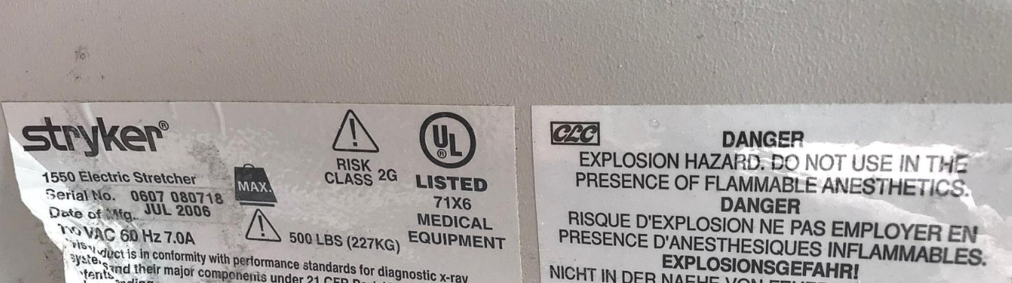 STRYKER 1550 ELECTRIC HOSPITAL EMERGENCY TRANSPORT GURNEY STRETCHER WATCH VIDEO