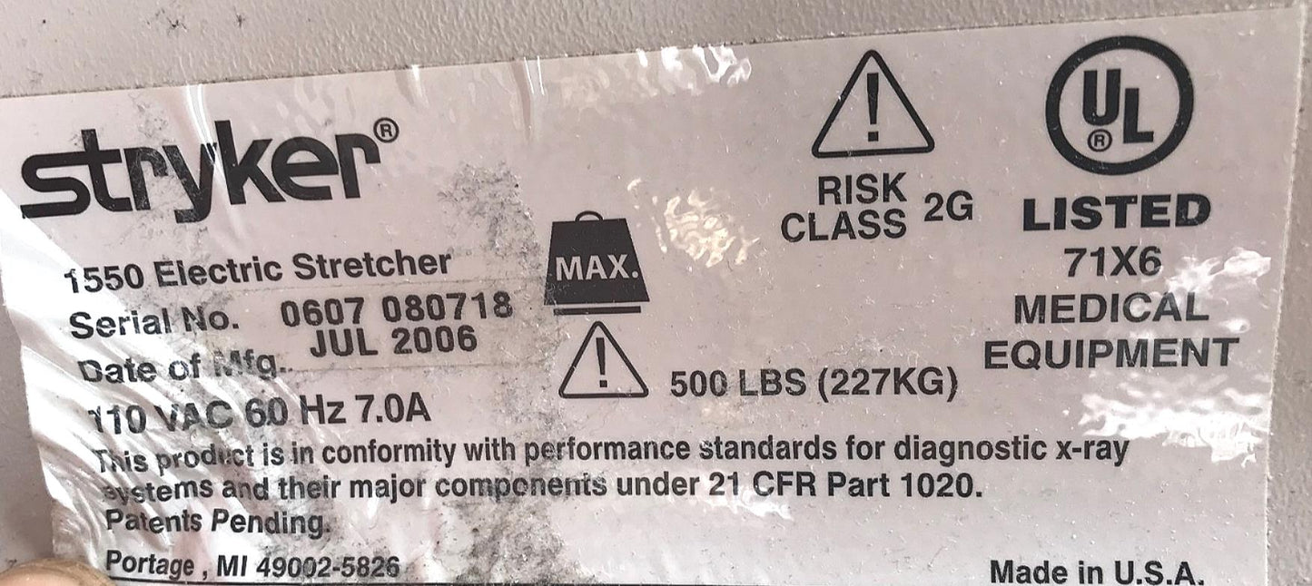 STRYKER 1550 ELECTRIC HOSPITAL EMERGENCY TRANSPORT GURNEY STRETCHER WATCH VIDEO