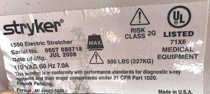 STRYKER 1550 ELECTRIC HOSPITAL EMERGENCY TRANSPORT GURNEY STRETCHER WATCH VIDEO