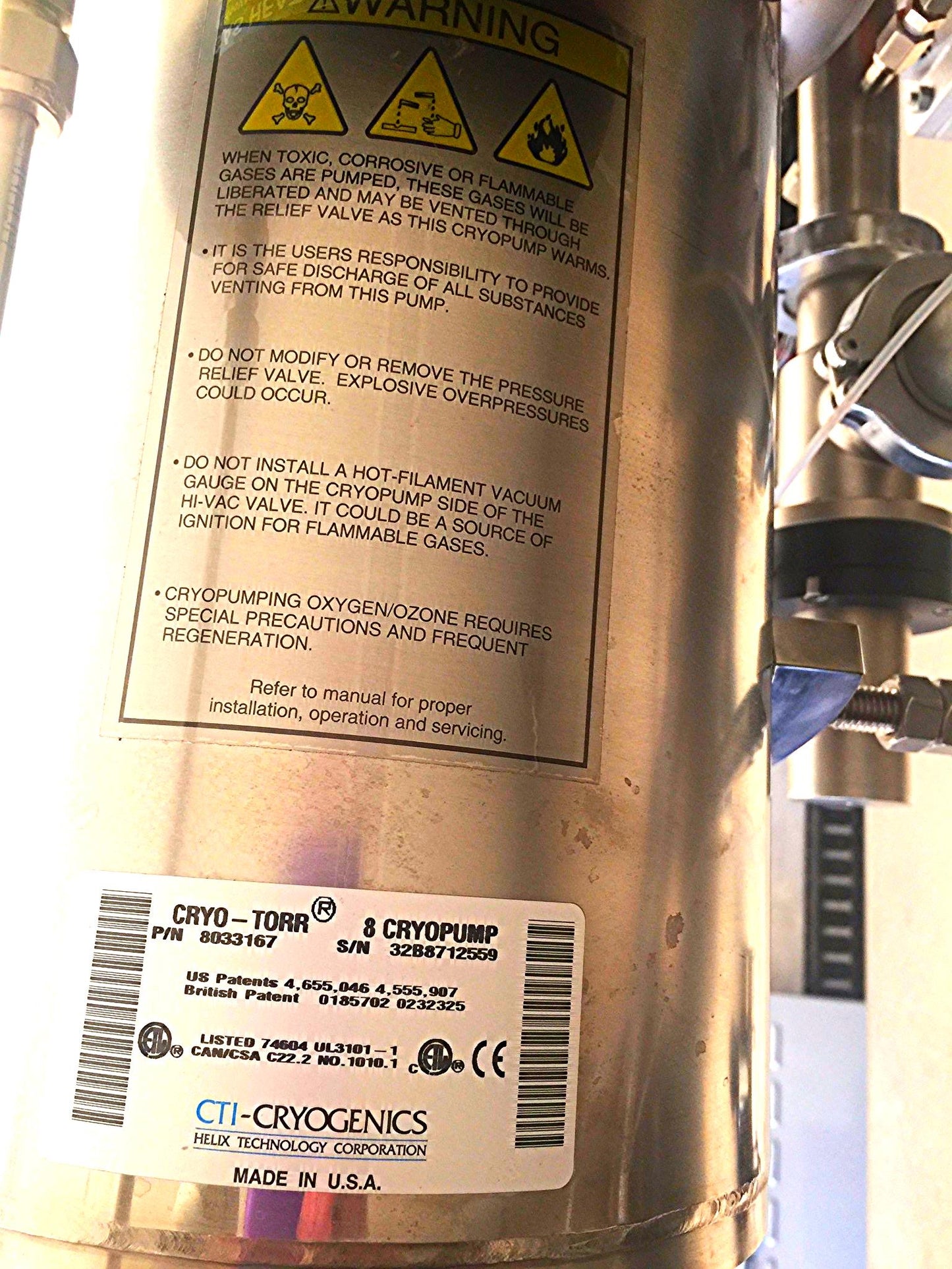 CRYO-TORR CTI-CRYOGENICS HIGH VACUUM PUMP 8033167 MEIVAC VARI-1 THROTTLE VALVE