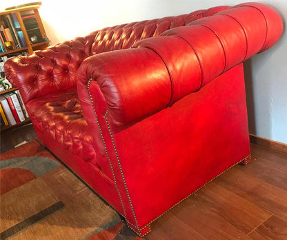 WONDERFUL CLASSIC CHESTERFIELD RED TUFTED LEATHER SOFA NO RIPS NO TEARS FREESHIP
