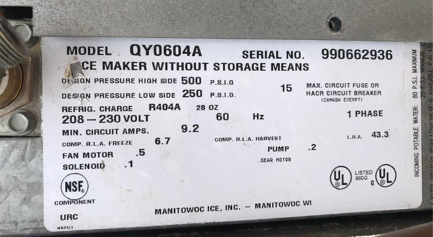 MANITOWOC QY0604A 690lbs/Day HALF DICE AIR COOLED ICE MAKER & S570 BIN FREE SHIP