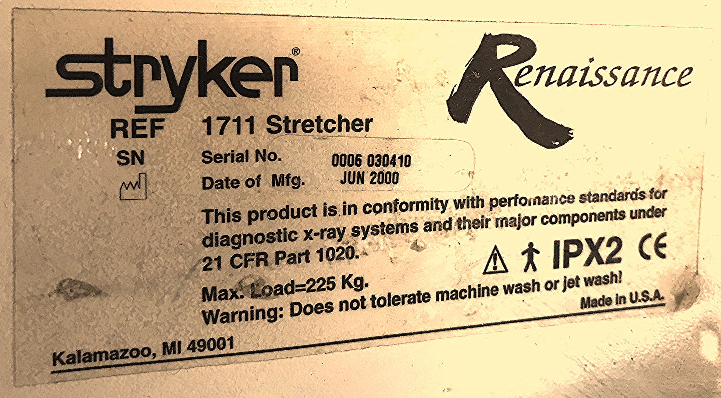 STRYKER 1711 RENAISSANCE HOSPITAL EMERGENCY GURNEY BED STRETCHER CLINIC FREESHIP