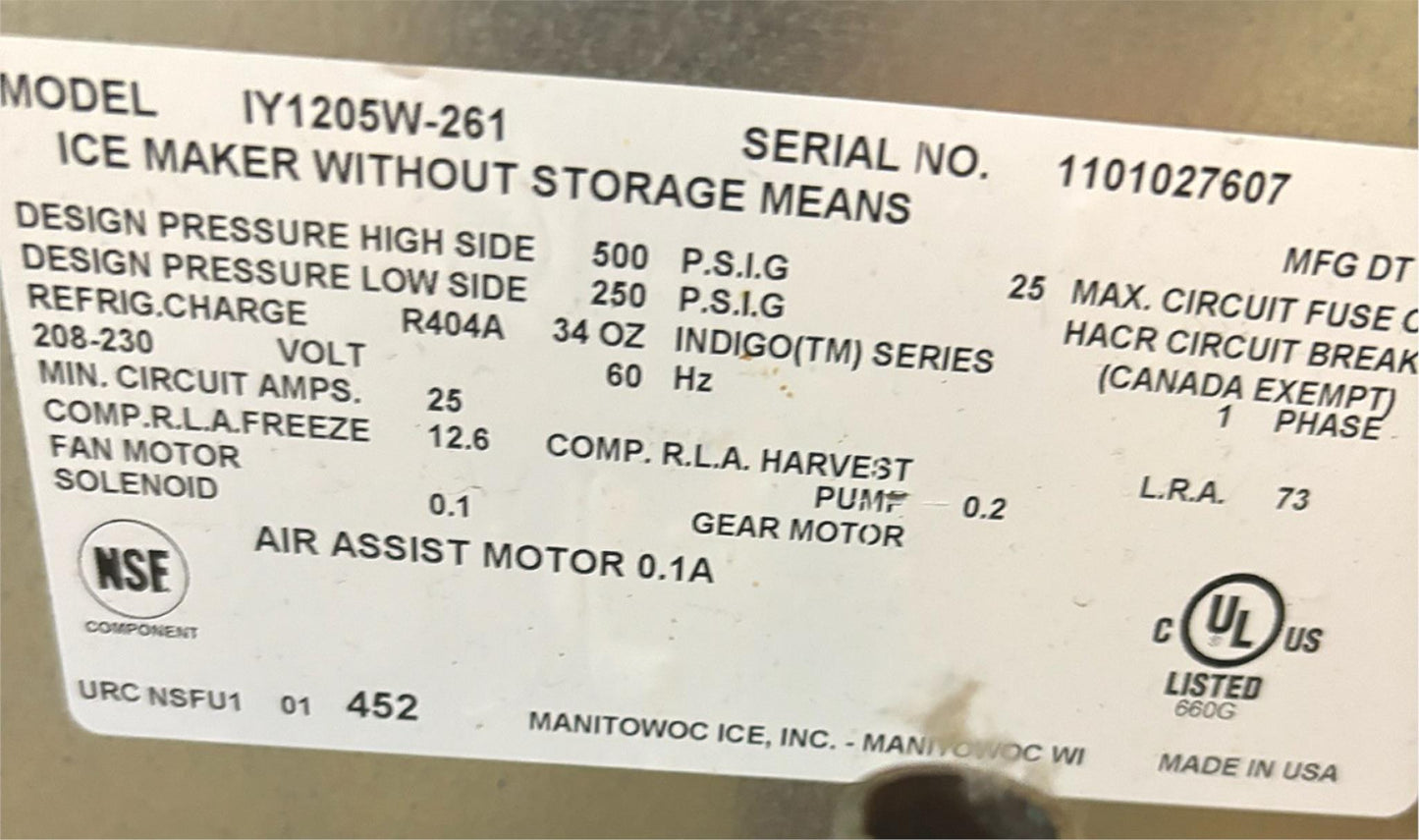 WARRANTY MANITOWOC® IY1205W-261 INDIGO WATERCOOL 560lbs HALFDICECUBE ICE MACHINE