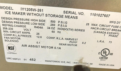 WARRANTY MANITOWOC® IY1205W-261 INDIGO WATERCOOL 560lbs HALFDICECUBE ICE MACHINE