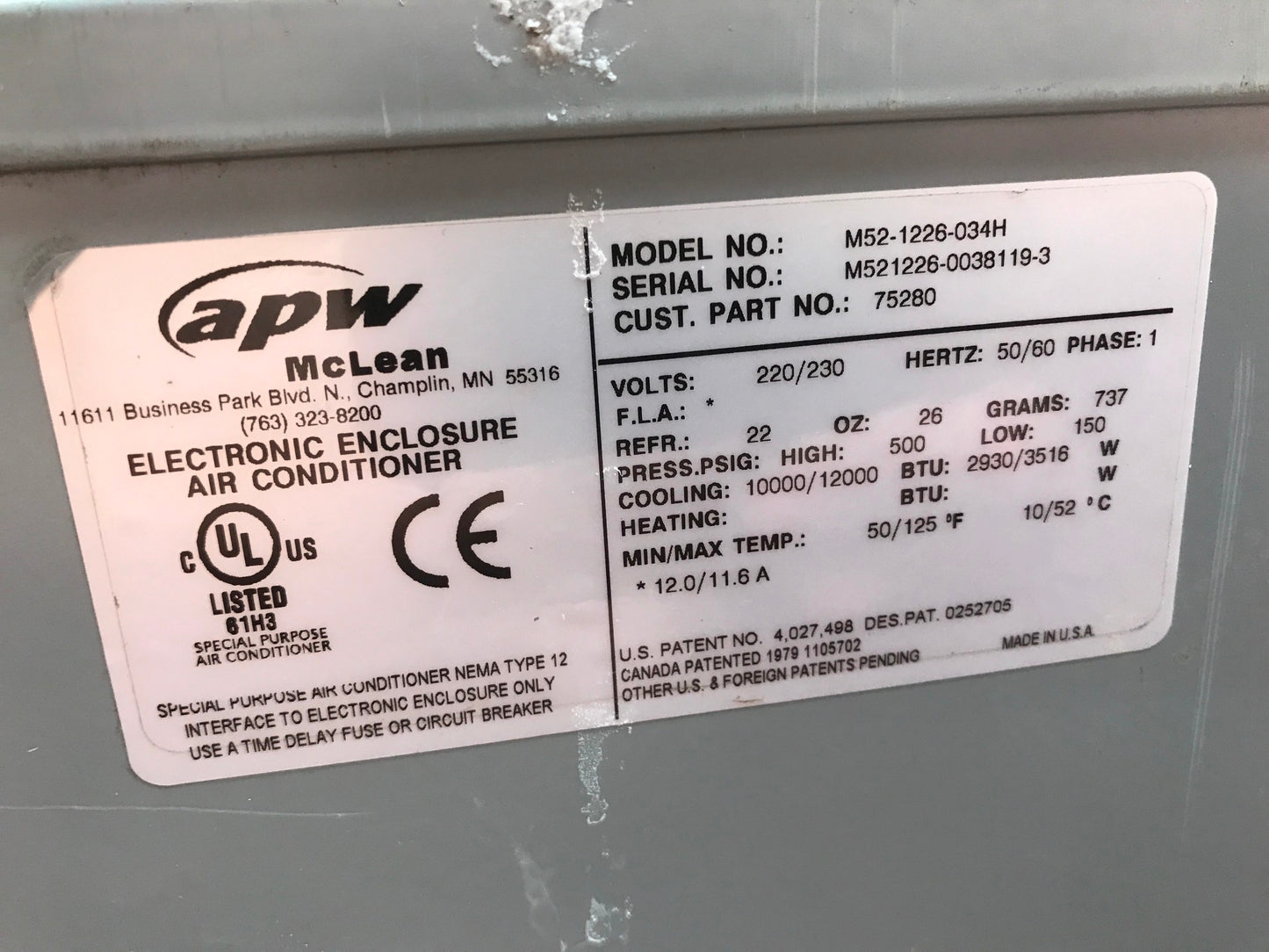 HOFFMAN APW ELECTRONIC ENCLOSURE 12KBTU AIR CONDITIONER M52-1226-034H FREE SHIP