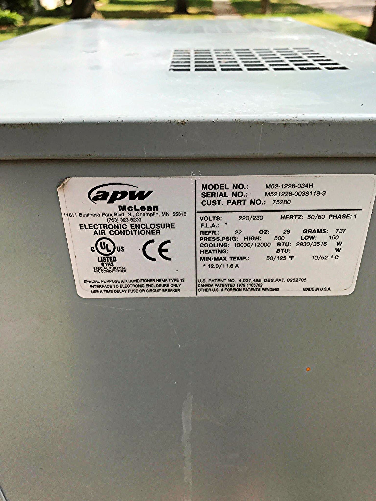 HOFFMAN APW ELECTRONIC ENCLOSURE 12KBTU AIR CONDITIONER M52-1226-034H FREE SHIP