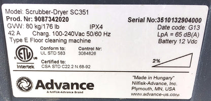 ADVANCE SC351 COMMERCIAL MICRO SCRUBBER DRYER 14" DISC FREE SHIPPING