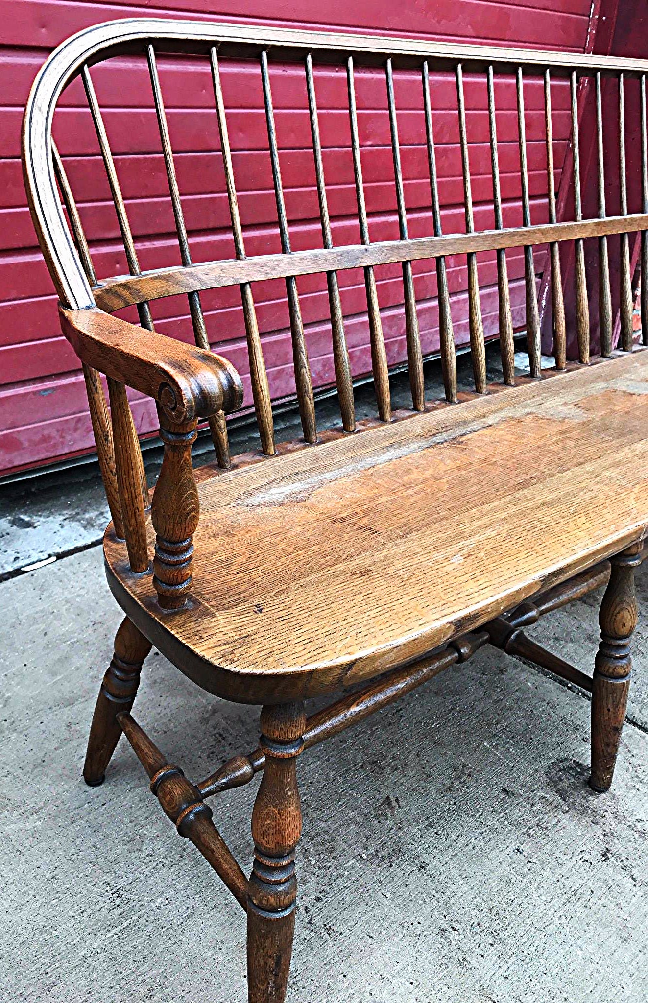 1928 1938 MARBLE & SHATTUCK Co. ANTIQUE OAK WINDSOR BENCH 6'ft x 38h FREE SHIP