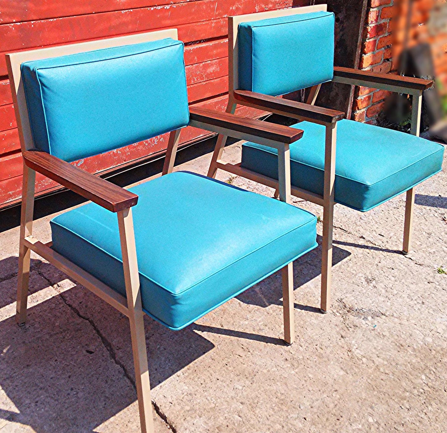 PAIR OF VINTAGE Retro 1960's TURQUOISE STEELCASE CHAIR MID CENTURY WOOD ARMCHAIR