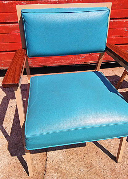 PAIR OF VINTAGE Retro 1960's TURQUOISE STEELCASE CHAIR MID CENTURY WOOD ARMCHAIR