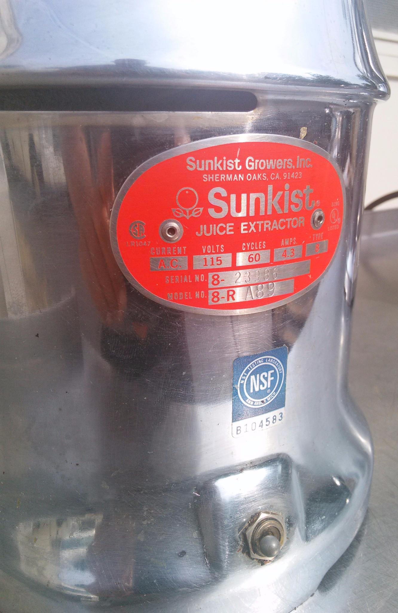 SUNKIST COMMERCIAL JUICER MODEL 8-R A89 CHROME Vintage Citrus Orange Lemon