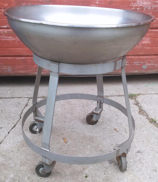 VINTAGE COMMERCIAL KITCHEN STAINLESS STEEL SALAD BOWL & DOLLY 30"w x 12"d x 36h