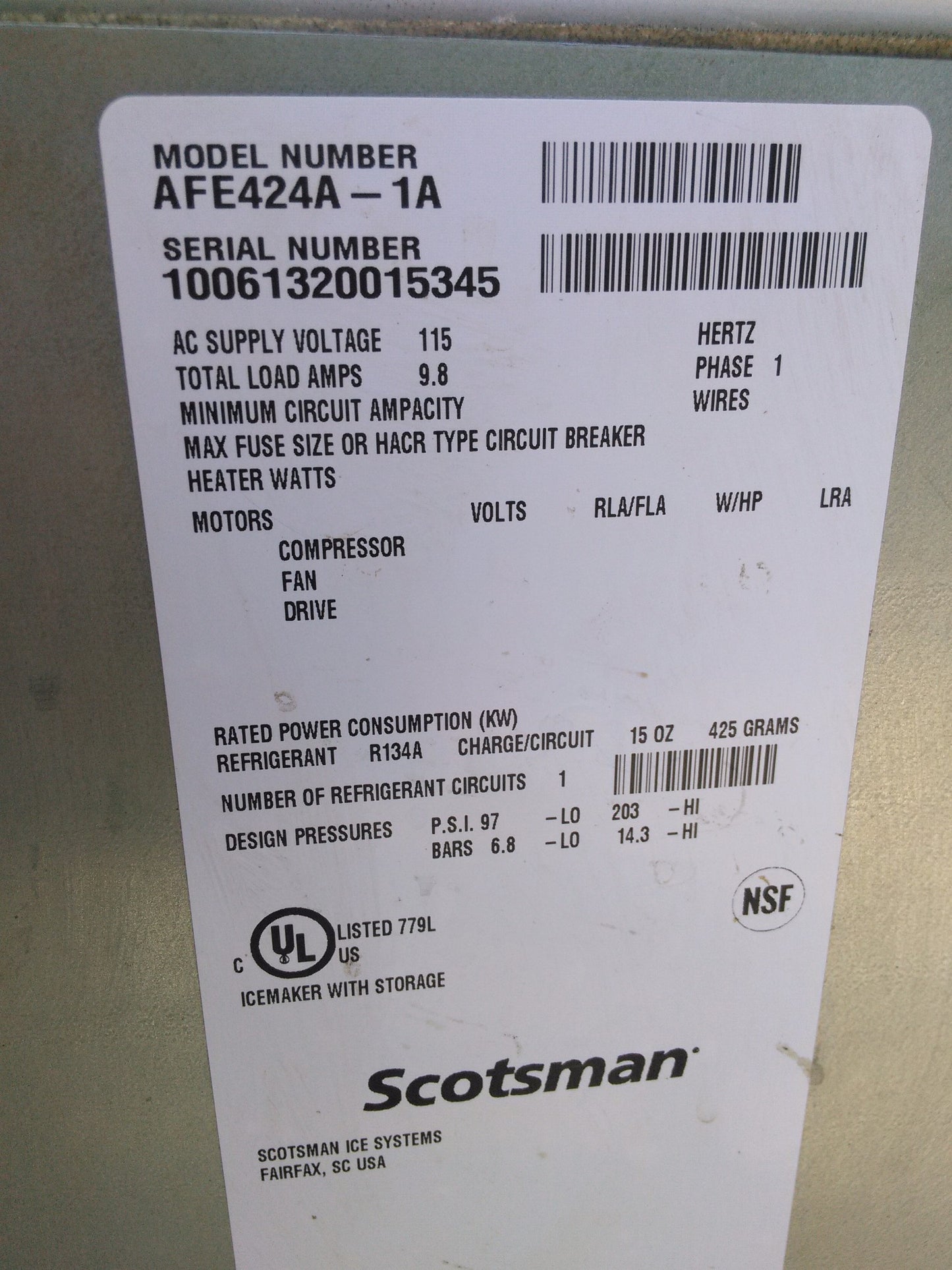 SCOTSMAN MODEL AFE4241-1A Self Contained AIR COOLED FLAKE ICE MACHINE