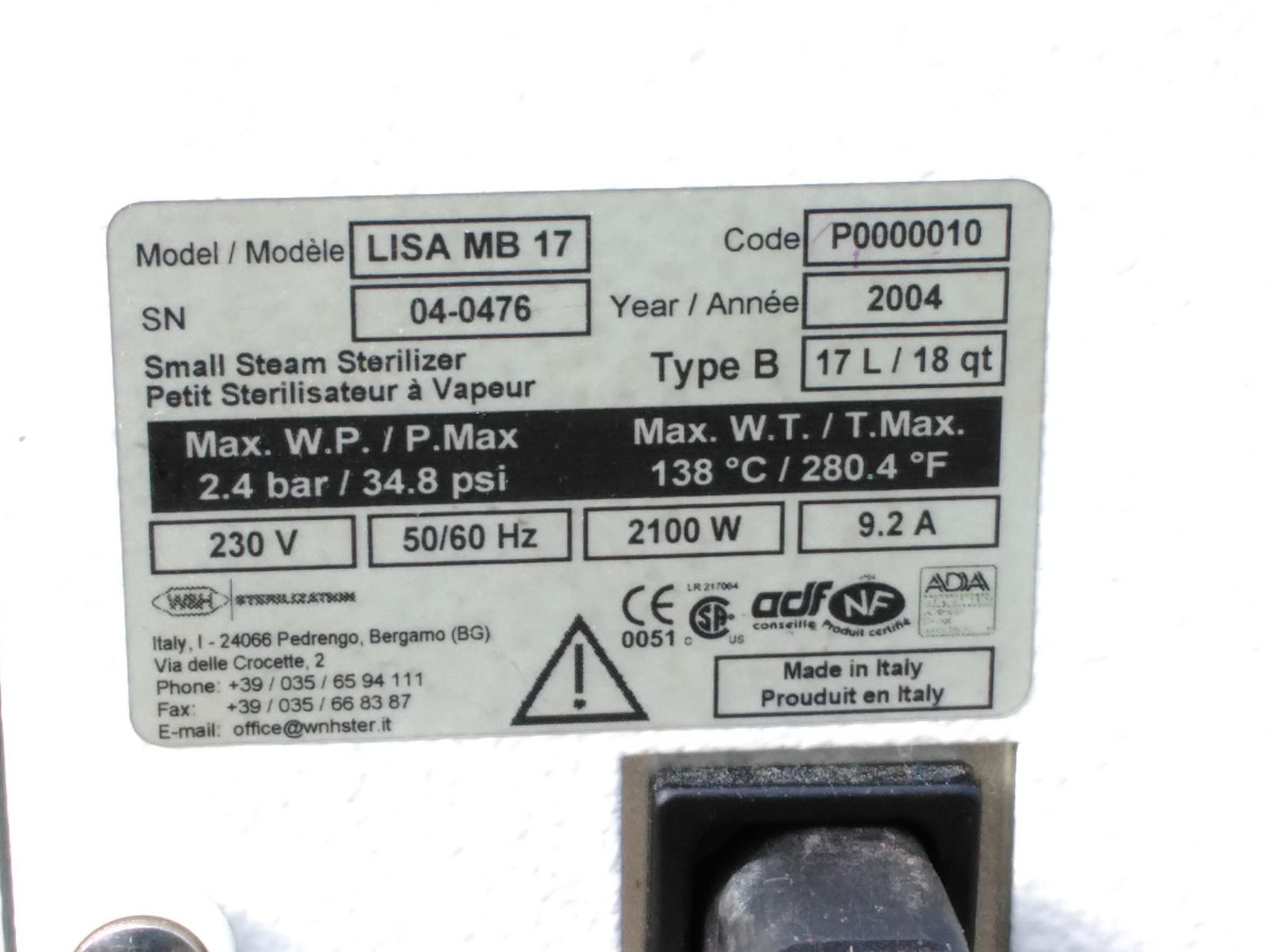 LISA ADEC MB 17 STEAM STERILIZER AUTOMATIC AUTOCLAVE W&H MB17 FOR PARTS