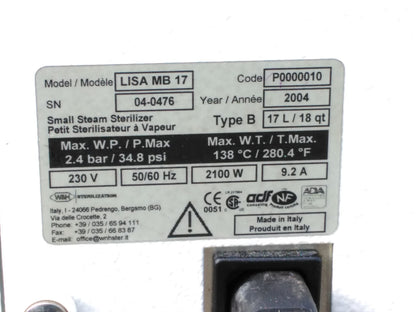 LISA ADEC MB 17 STEAM STERILIZER AUTOMATIC AUTOCLAVE W&H MB17 FOR PARTS