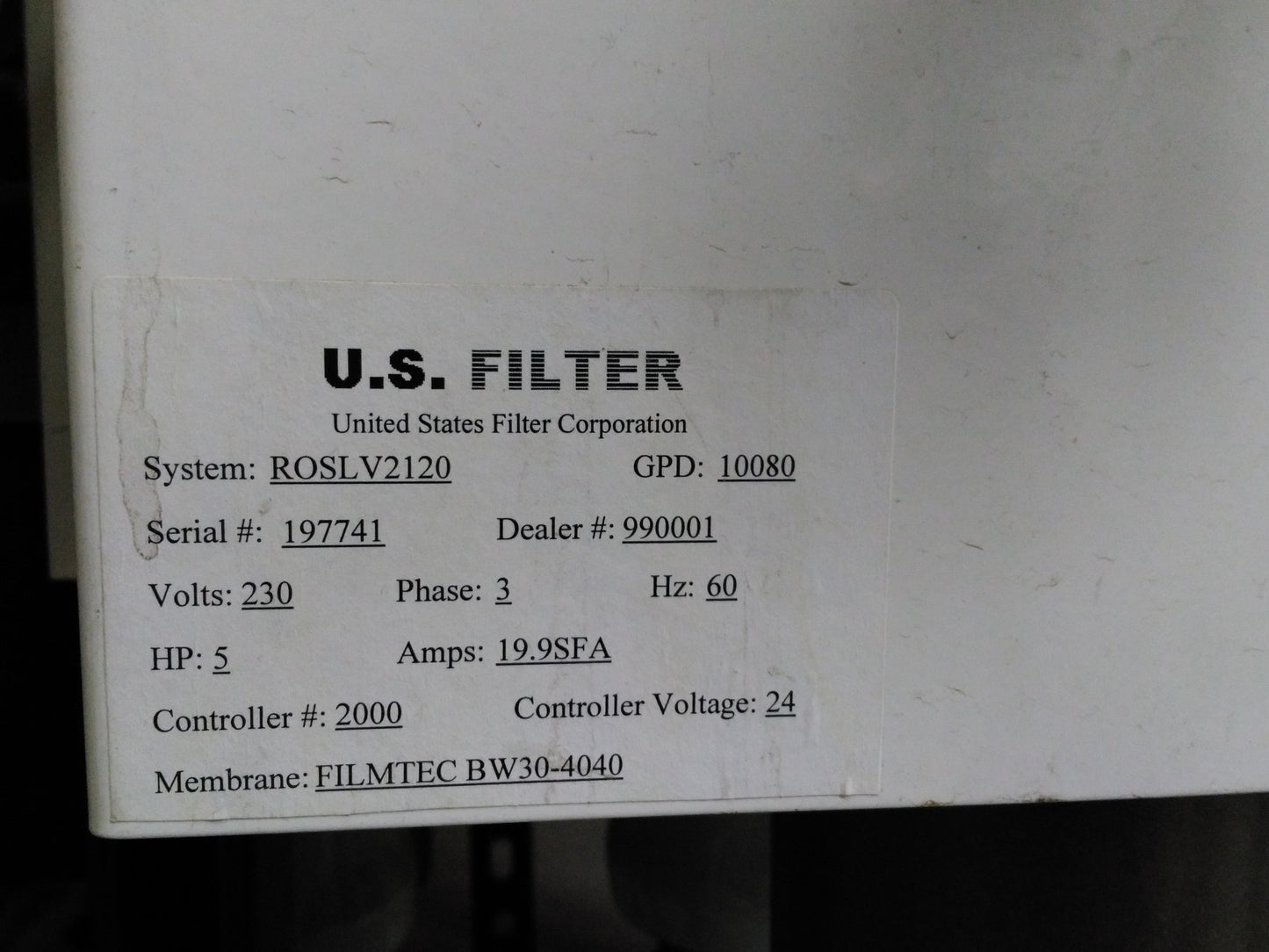 U. S. FILTER REVERSE OSMOSIS COMMERCIAL INDUSTRIAL 3 PHASE GDP10080 ULTRAVIOLET