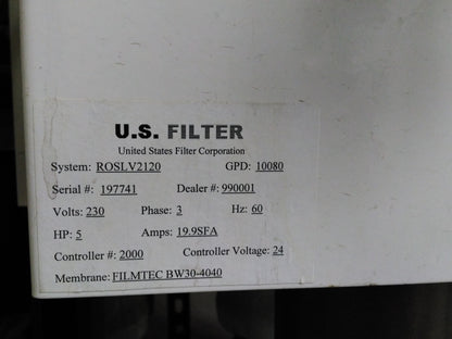 U. S. FILTER REVERSE OSMOSIS COMMERCIAL INDUSTRIAL 3 PHASE GDP10080 ULTRAVIOLET