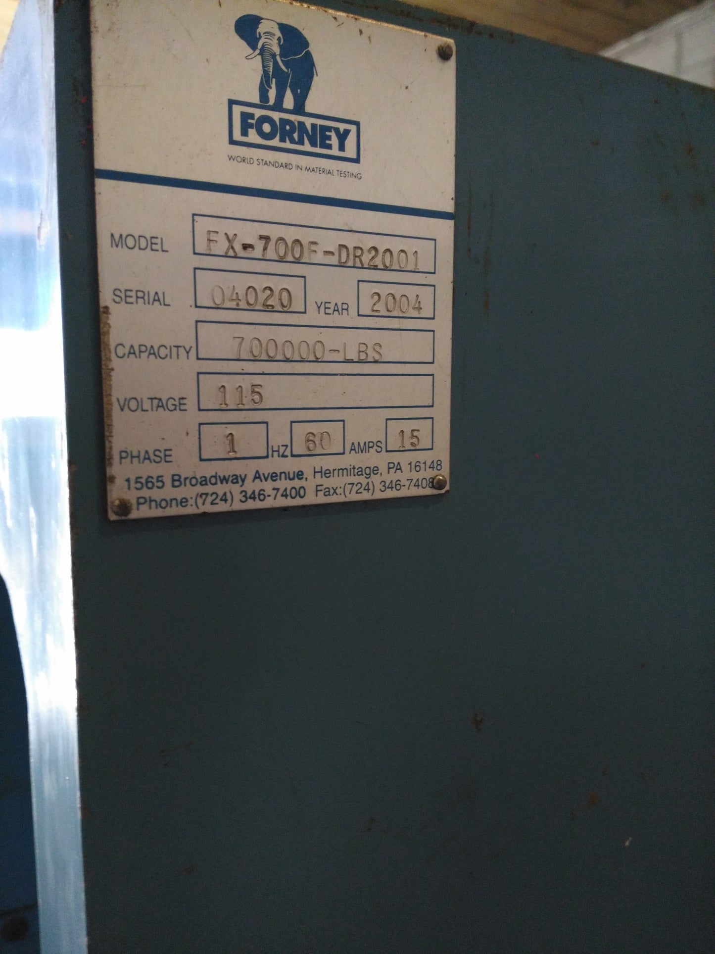 FORNEY FX 700 COMPRESSION TESTING MACHINE 7,000 to 700,000 lbs CONCRETE REBAR