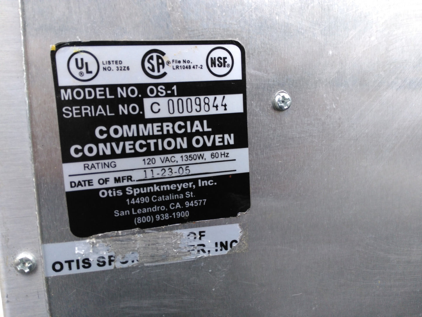 BOX OTIS SPUNKMEYER OS-1 Convection Cookie Oven