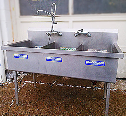 ELKAY 3 BOWL WASH RINSE SANITIZE STEEL COMMERCIALSINK 57w X 27.5d X 36"h FAUCET