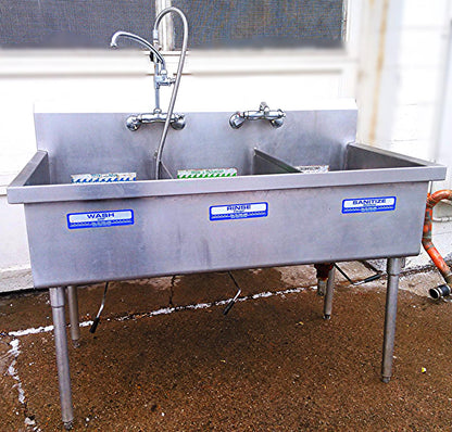 ELKAY 3 BOWL WASH RINSE SANITIZE STEEL COMMERCIALSINK 57w X 27.5d X 36"h FAUCET