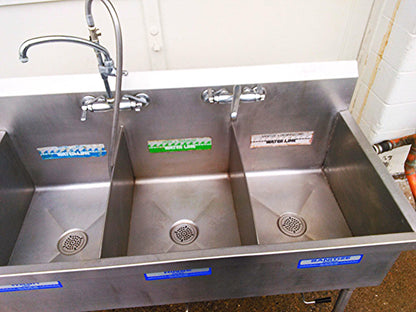 ELKAY 3 BOWL WASH RINSE SANITIZE STEEL COMMERCIALSINK 57w X 27.5d X 36"h FAUCET