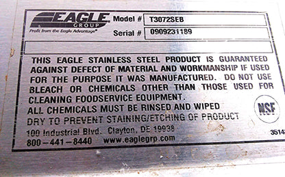 EAGLE 72"w x 30"d STAINLESS STEEL Deluxe KITCHEN HOSPITAL Work Table Undershelf