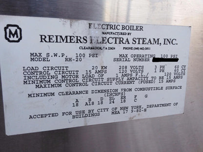 REIMERS ELECTRA STEAM ELECTRIC BOILER STEAMER MODEL RH-20 as is condition