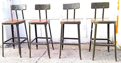 VINTAGE GREEN LYON STOOL PRESSED DOVE GRAY WOOD OVER STEEL SEAT ADJUSTABLE BACK