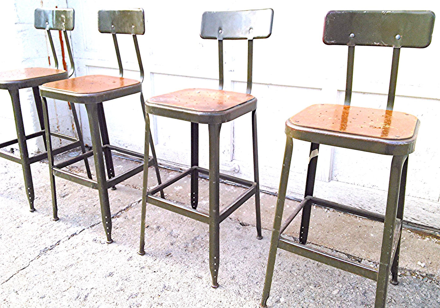 VINTAGE GREEN LYON STOOL PRESSED DOVE GRAY WOOD OVER STEEL SEAT ADJUSTABLE BACK
