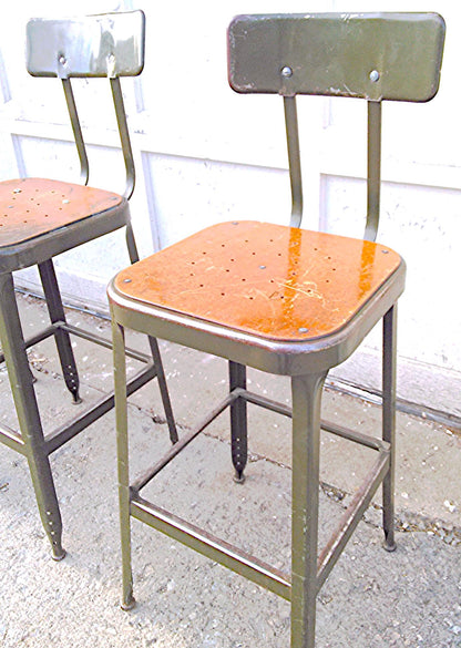 VINTAGE GREEN LYON STOOL PRESSED DOVE GRAY WOOD OVER STEEL SEAT ADJUSTABLE BACK